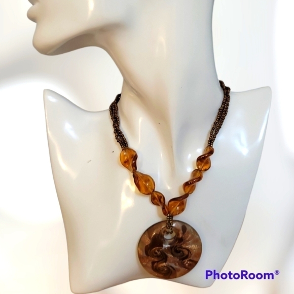Vintage Jewelry - Vtg Bronze Beaded Handblown Glitter Glass Pendant Necklace